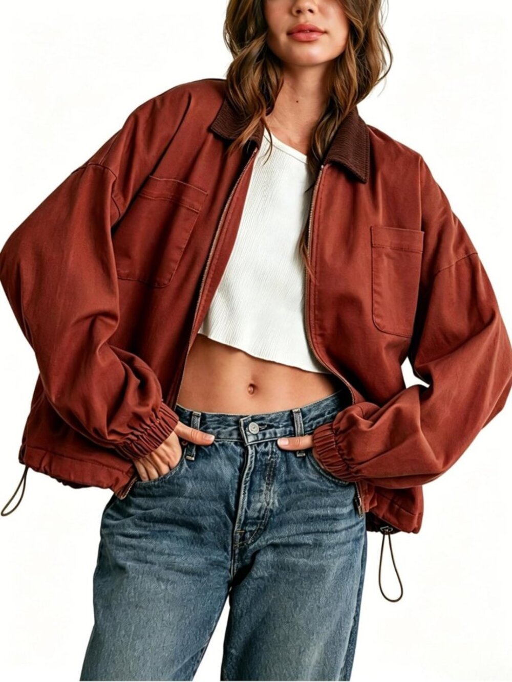 Stylish Women's Utility Jacket with Corduroy Collar, Zipper, Pockets & Cinchable